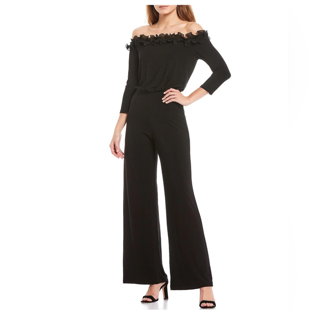 ADRIANNA PAPELL Black Chiffon Ruffle Wide Leg Off‎ the Shoulder Jumpsuit Size 16